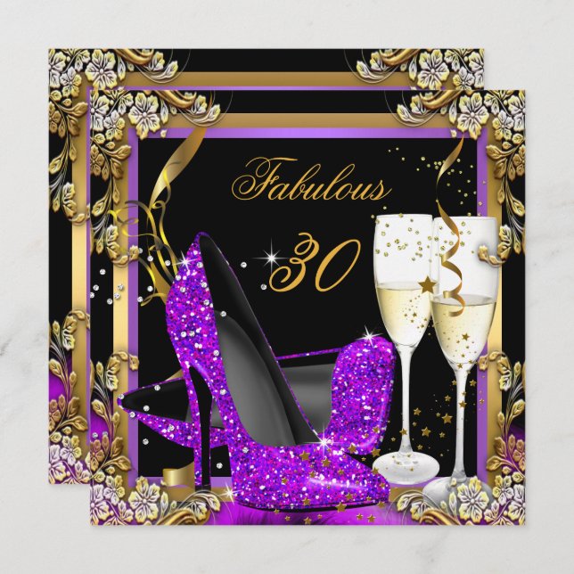 Fantastische 30 Lila Gold Black Birthday Party Einladung (Vorne/Hinten)