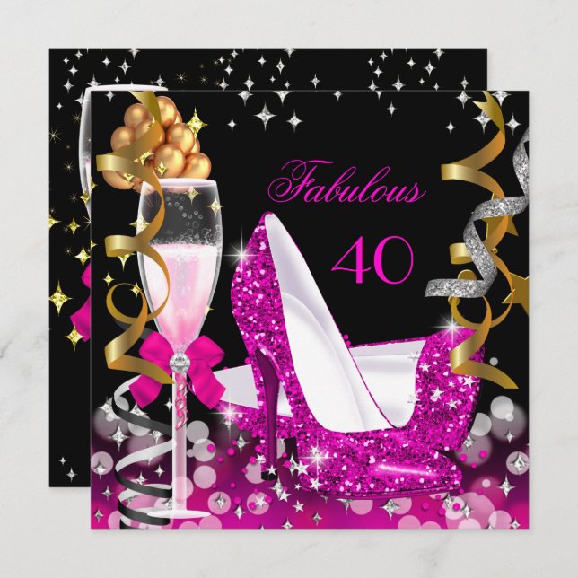 Fantastische 40 Hot-Pink-Goldblasen Glitzer Party  Einladung (Vorne/Hinten)