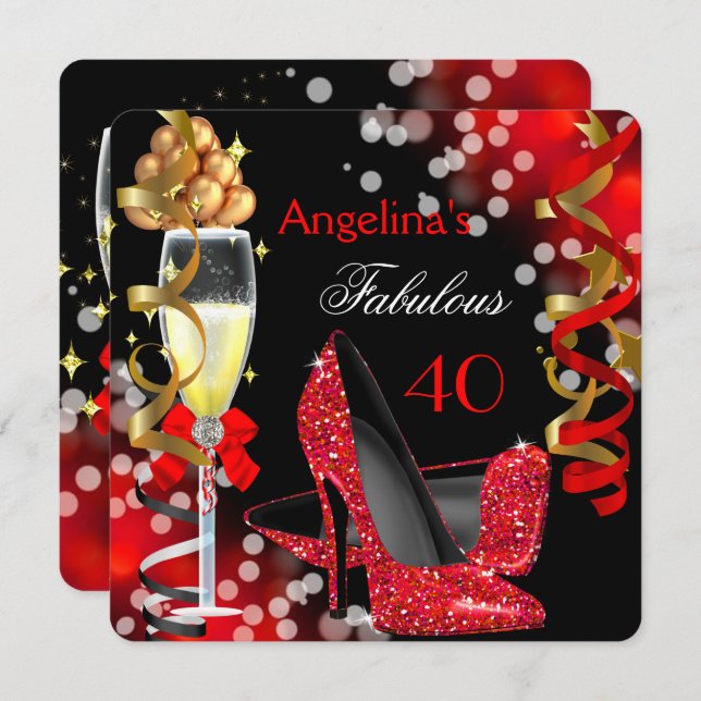 Fantastische 40 Red Heelses Gold Bubbles Geburtsta Einladung (Vorne/Hinten)