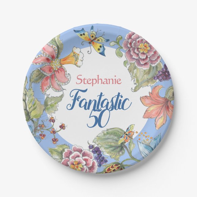 Fantastische 50 Blumenwasser 50. Geburtstag Pappteller (Vorderseite)