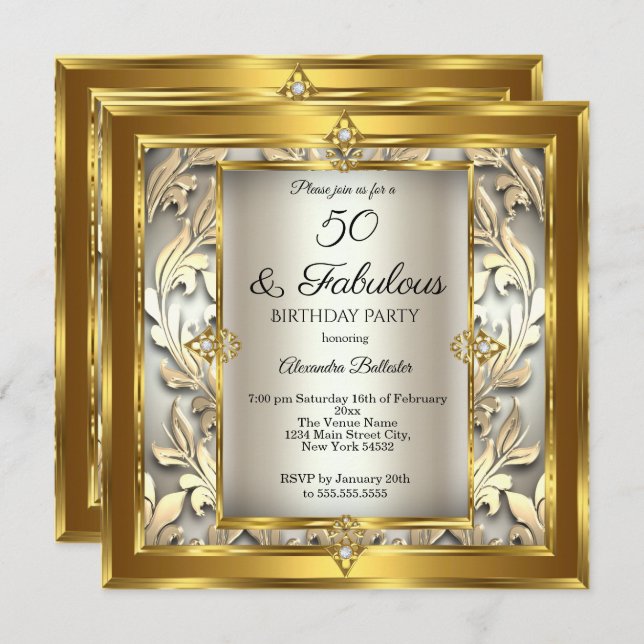 Fantastische 50 Creme Gold Blumendach Geburtstag Einladung (Vorne/Hinten)