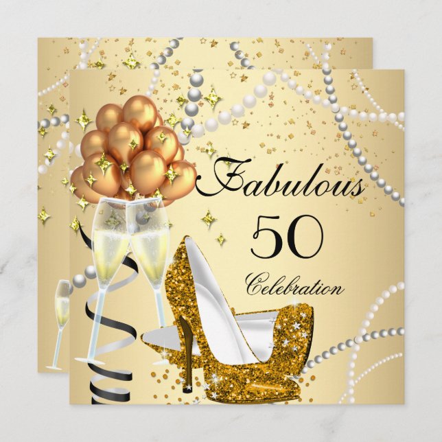 Fantastische 50 Creme Gold Heelse Champagne Geburt Einladung (Vorne/Hinten)