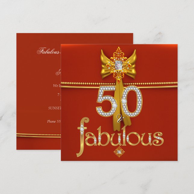 Fantastische 50 Diamond Gold Deep Red Birthday Par Einladung (Vorne/Hinten)