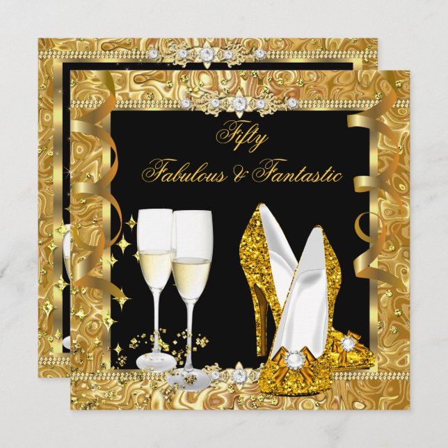 Fantastische 50 Gold Black Birthday Party 2 Einladung (Vorne/Hinten)