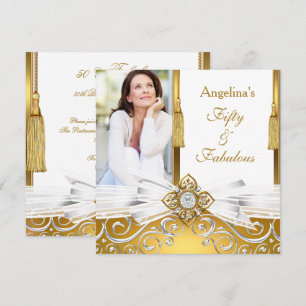 Fantastische 50 Gold White Damask Foto Geburtstags Einladung