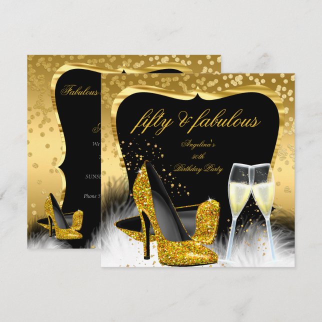 Fantastische 50 Party Gold Champagner Glitzer Heel Einladung (Vorne/Hinten)