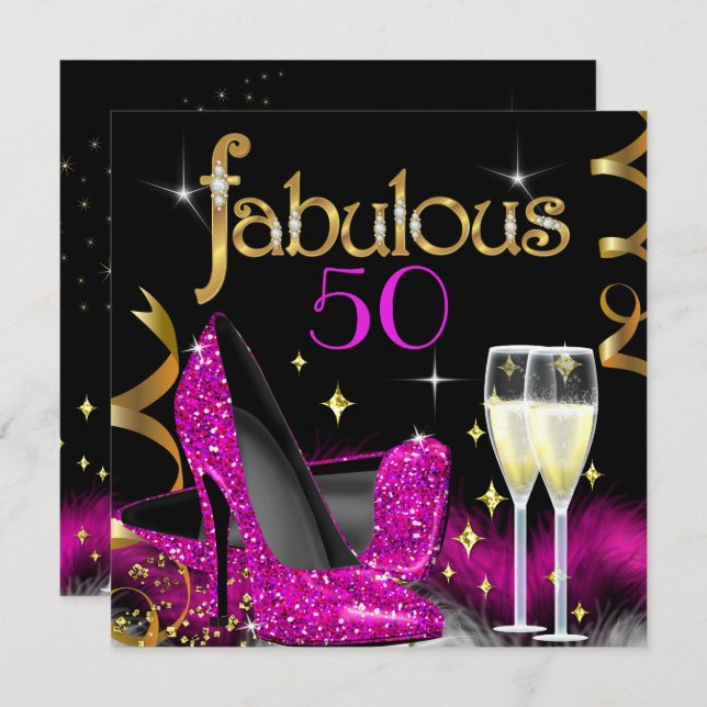 Fantastische 50 Party Rosa High Heels Gold Black Einladung (Vorne/Hinten)