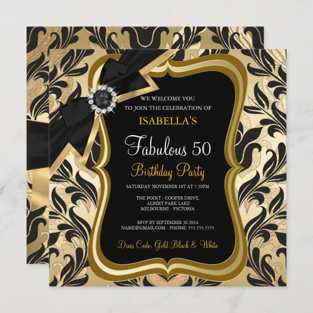 Fantastische 50 Pearl Gold Bow Black Damask Einlad Einladung (Vorne/Hinten)