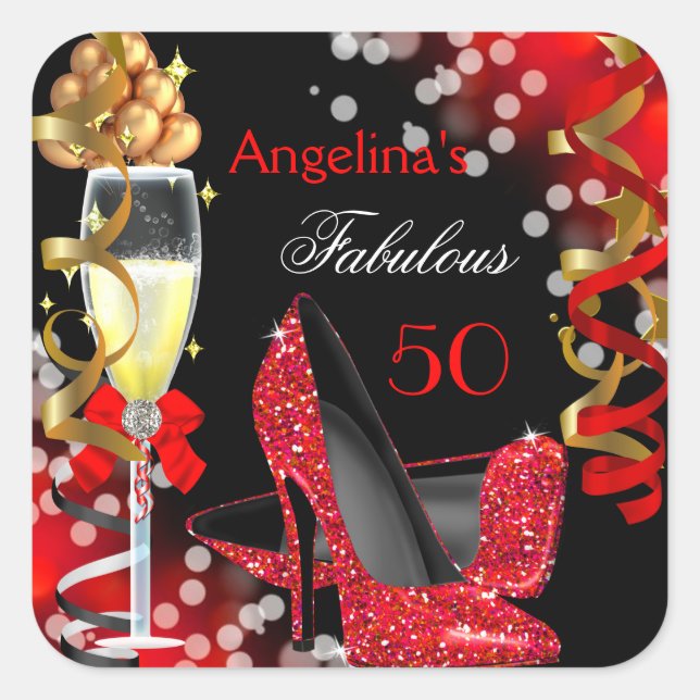 Fantastische 50 Red Heelses Gold Bubbles Geburtsta Quadratischer Aufkleber (Vorderseite)