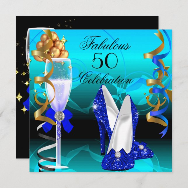 Fantastische 50 Royal Blue Aquamarin Gold Geburtst Einladung (Vorne/Hinten)