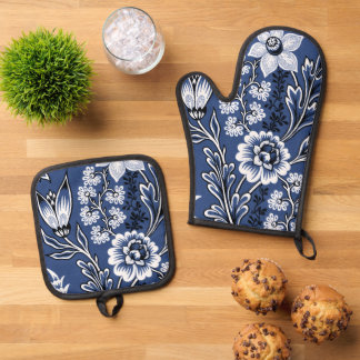 FANTASTISCHE BLUMEN FEINE KUNST IN BLAU OFENHANDSCHUH & Topflappen-Set