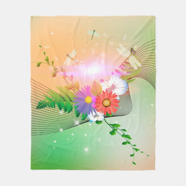 Fantastische Blumen und Libellen Fleecedecke (Vorderseite)