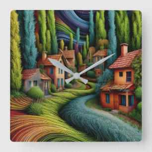 Fantastische Dorf-Landschaftswanduhr  Quadratische Wanduhr