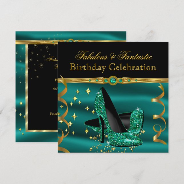 Fantastische Emerald Green Heelses Gold Geburtstag Einladung (Vorne/Hinten)