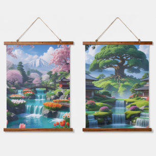 Fantastische japanische Gartenszene Wandteppich Mit Holzrahmen
