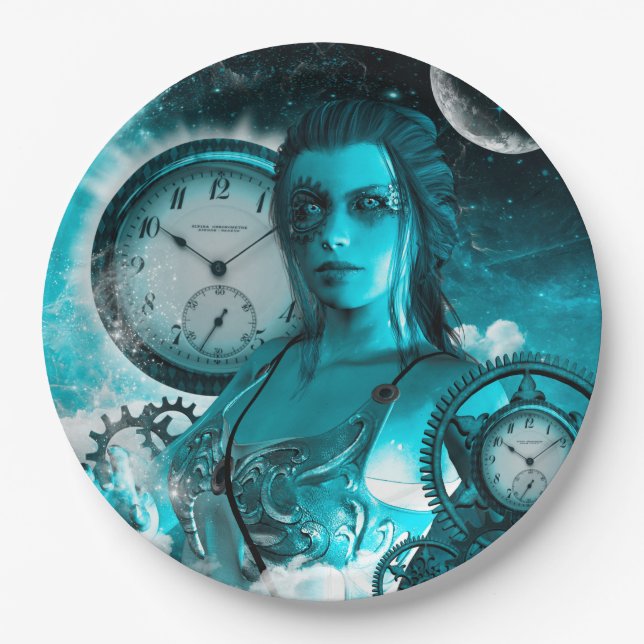 Fantastische steampunk Dame im Universum Pappteller (Vorderseite)