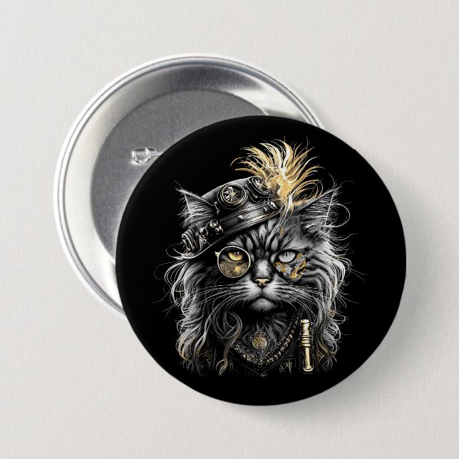 Fantastische Steampunk-Katze  Button (Vorne & Hinten)