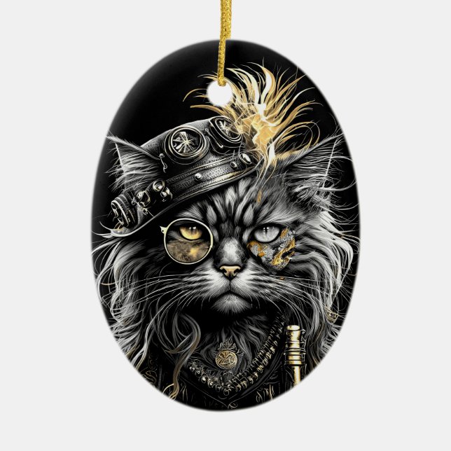 Fantastische Steampunk-Katze  Keramik Ornament (Vorne)