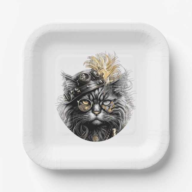 Fantastische Steampunk-Katze  Pappteller (Vorderseite)