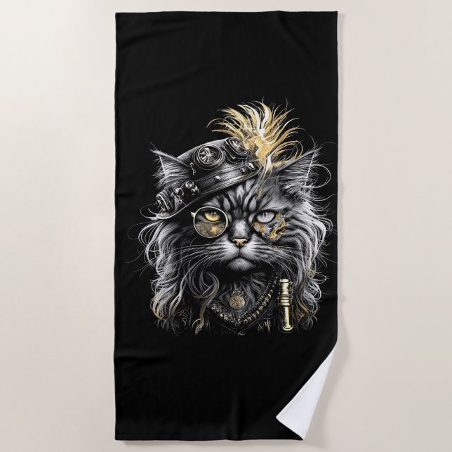 Fantastische Steampunk-Katze  Strandtuch (Vorderseite)