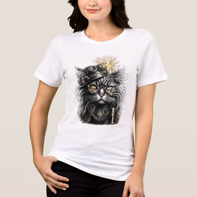 Fantastische Steampunk-Katze  Tri-Blend Shirt (Vorderseite)