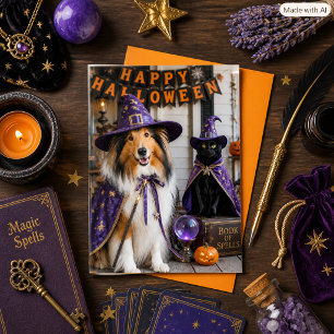 Fantastische Zauberer Collie & Kat Halloween gefal Karte