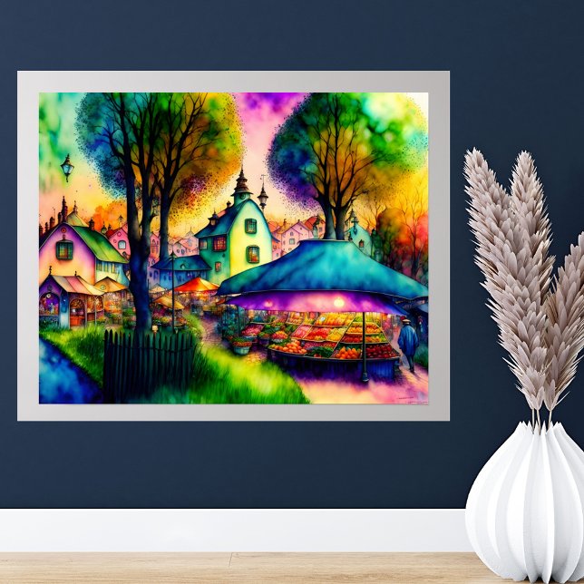 Fantastischer Bauernmarkt-Wasserfarbe Poster (20x16 shown with added gray border mat.)
