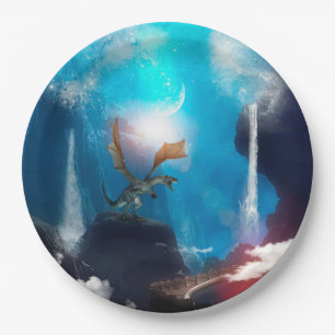 Fantastischer Drache mit Wasserfällen Pappteller