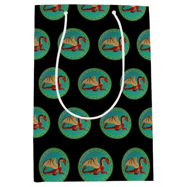 Fantastischer Drache Rot und Grün v11 Mittlere Geschenktüte (Vorderseite)