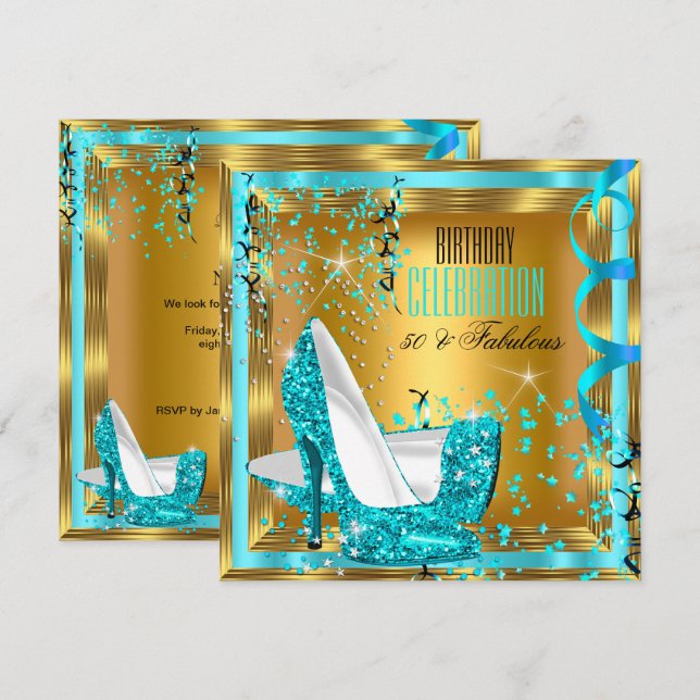 Fantastischer Glitzer Aquamarin High Heels Gold Ge Einladung (Vorne/Hinten)