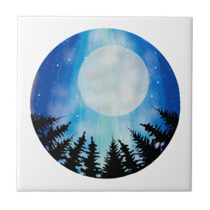 Fantastischer nächtlicher Vollmondwaldhimmel blaue Fliese