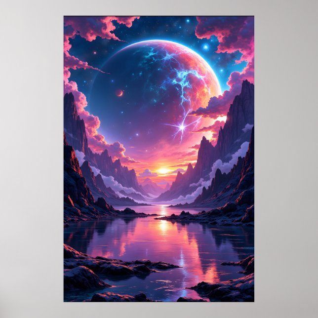 Fantastischer Planet erhebt sich über Berge und Wa Poster (Vorne)