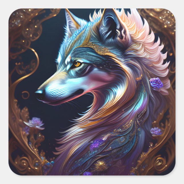 Fantastischer Starry Wolf Quadratischer Aufkleber (Vorderseite)