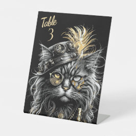 Fantastischer Steampunk-Katze-Tisch Nummer Sockelschild