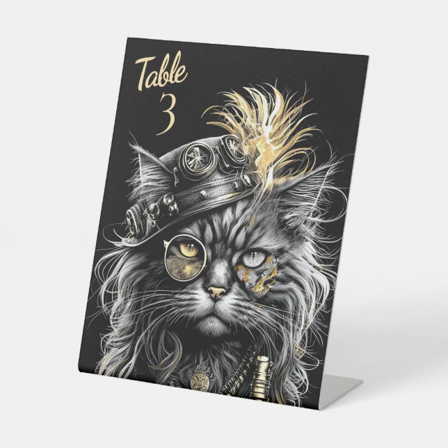 Fantastischer Steampunk-Katze-Tisch Nummer Sockelschild (Vorderseite)