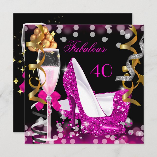 Fantastisches 40 Hot Pink Gold Bubbles Glitzer Par Einladung (Vorne/Hinten)