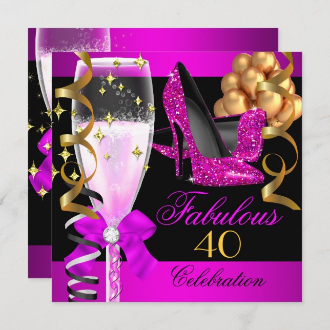 Fantastisches 40th Hot Pink Black Champagne Party Einladung (Vorne/Hinten)