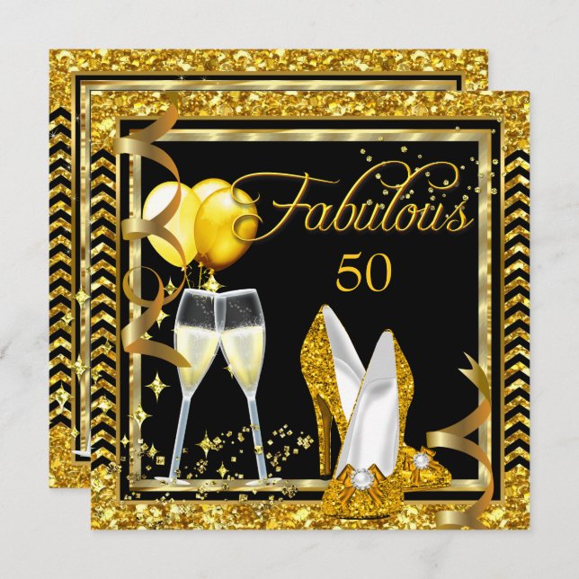 Fantastisches 50 Champagner Gold Black Party Einla Einladung (Vorne/Hinten)