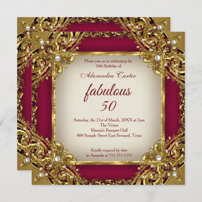 Fantastisches 50. Foto bordeauxrotes Beige Gold Pa Einladung (Vorne/Hinten)