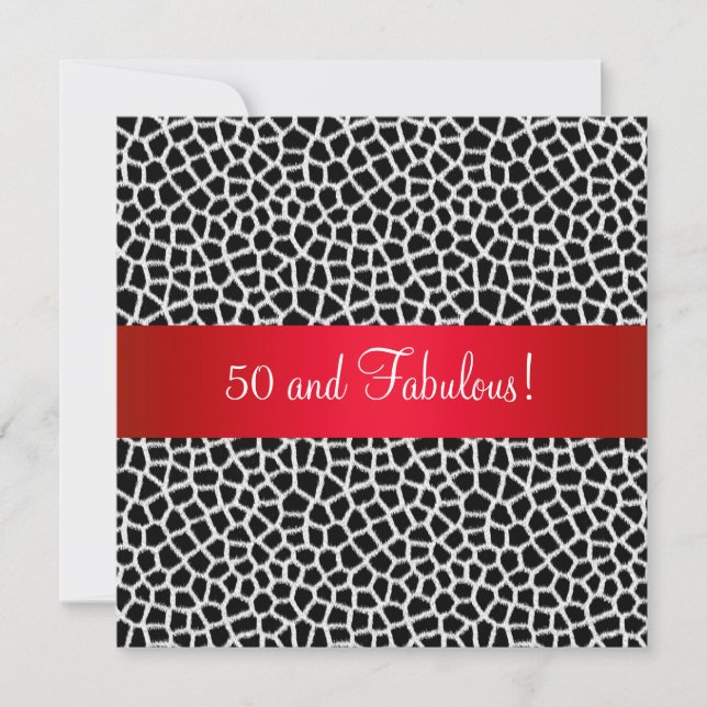 Fantastisches 50th Animal Print Schwarz-weiß Red P Einladung (Vorderseite)