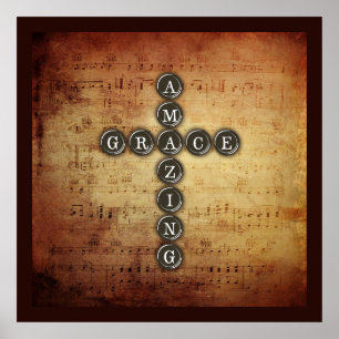 Fantastisches Anmut-Kreuz auf Vintagem Musik-Blatt Poster