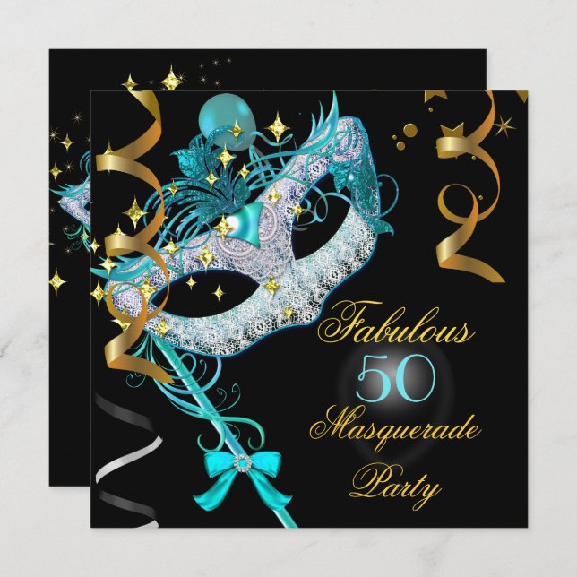 Fantastisches Birthday Aquamarin Gold Black Masque Einladung (Vorne/Hinten)