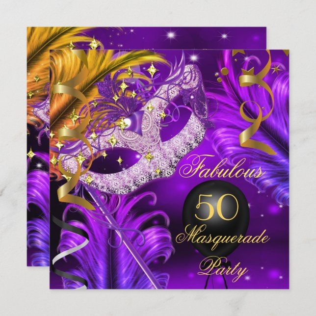 Fantastisches Birthday Lila Gold Masquerade Party  Einladung (Vorne/Hinten)