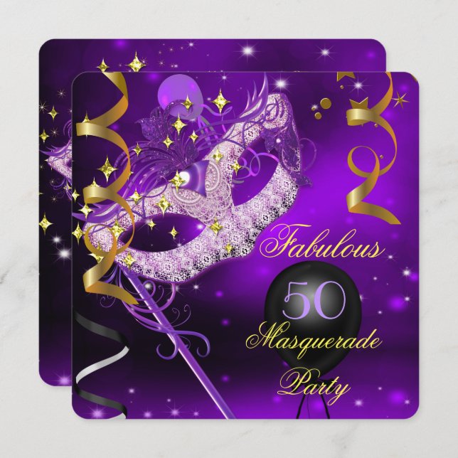 Fantastisches Birthday Lila Gold Masquerade Party Einladung (Vorne/Hinten)