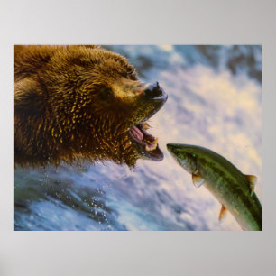 Fantastisches Grizzlybärn-Lachsbild Poster