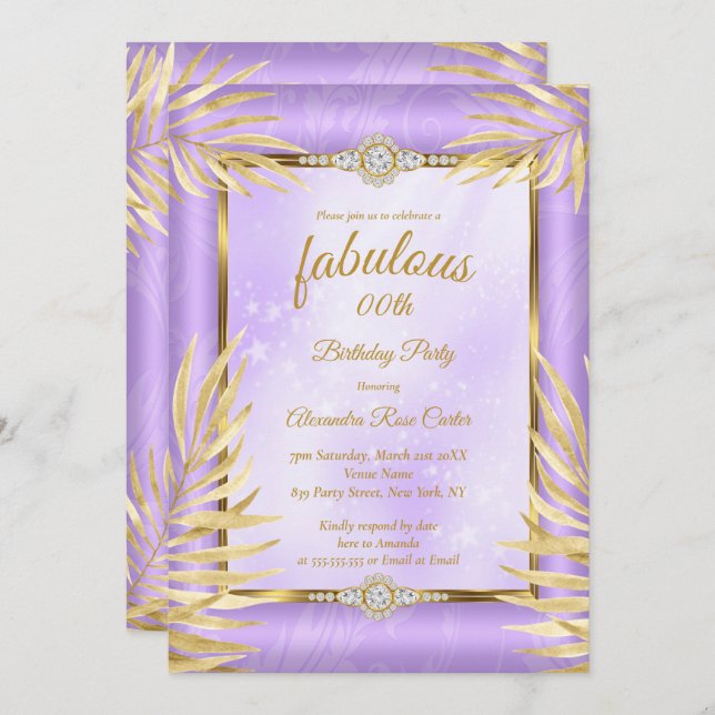 Fantastisches lila Diamant Gold Palms Party Einladung (Vorne/Hinten)
