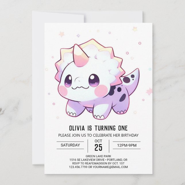 Fantasy Adorable Dinosaurier 1. Geburtstag Einladung (Vorderseite)