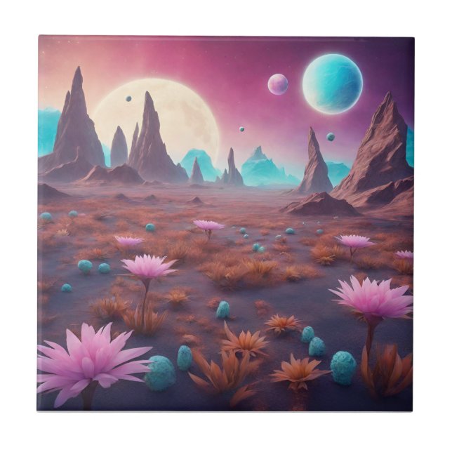 Fantasy Alien Planet Landscape mit Blume Fliese (Vorderseite)