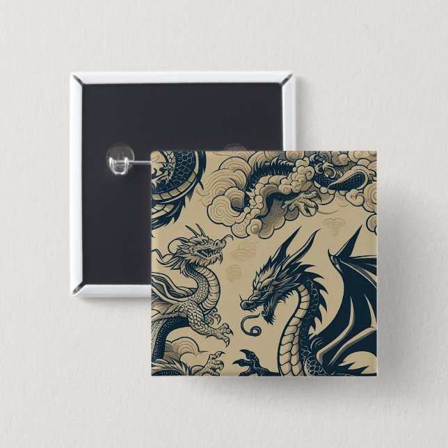 Fantasy Antike Drachen Button (Vorne & Hinten)