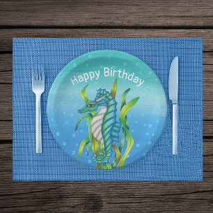 Fantasy Aqua Blue Sea Dragon Horns Algenblasen Pappteller